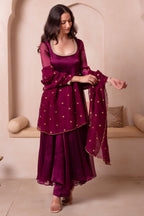 Purple Organza Flared Anarkali Suit with Scalloped Dupatta