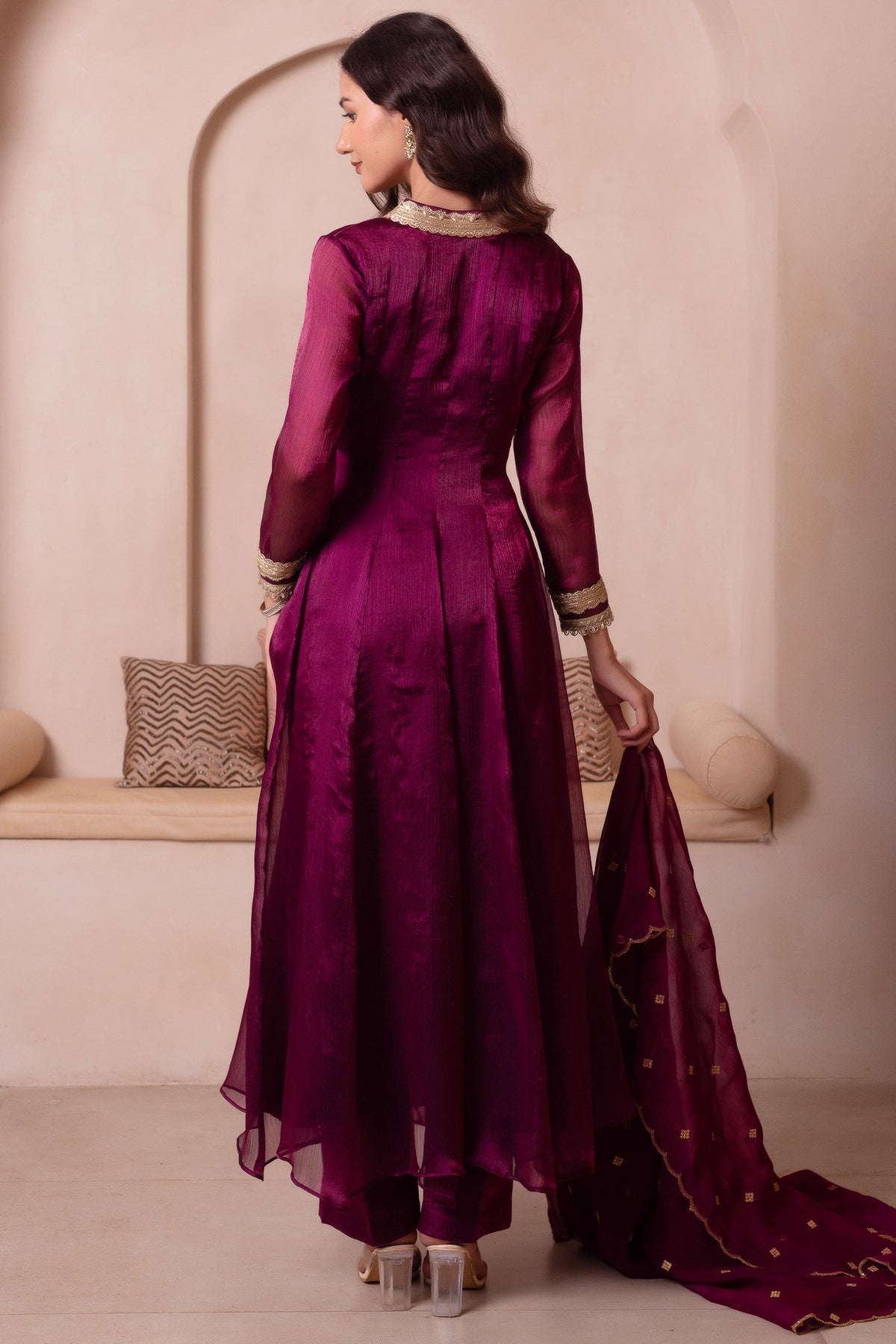 Purple Organza Flared Anarkali Suit with Scalloped Dupatta