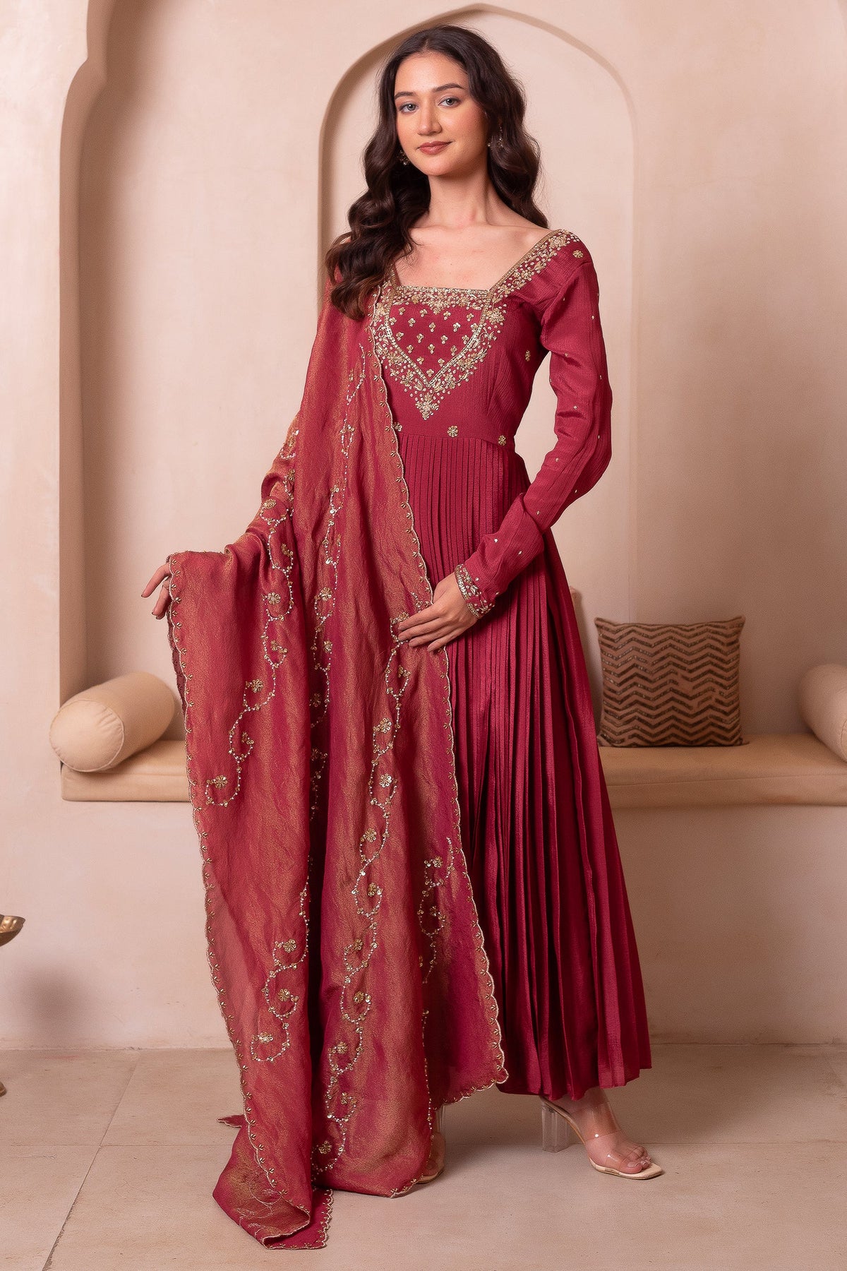 Maroon Pleated Anarkali Suit Set with Gold Embroidered Yoke
