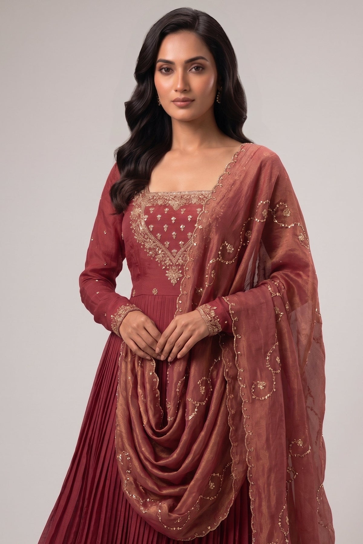 Maroon Pleated Anarkali Suit Set with Gold Embroidered Yoke