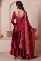 Maroon Pleated Anarkali Suit Set with Gold Embroidered Yoke