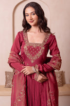 Maroon Pleated Anarkali Suit Set with Gold Embroidered Yoke