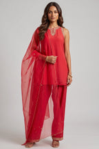 Red Crepe Embroidered Suit with Sharara & Scalloped Dupatta