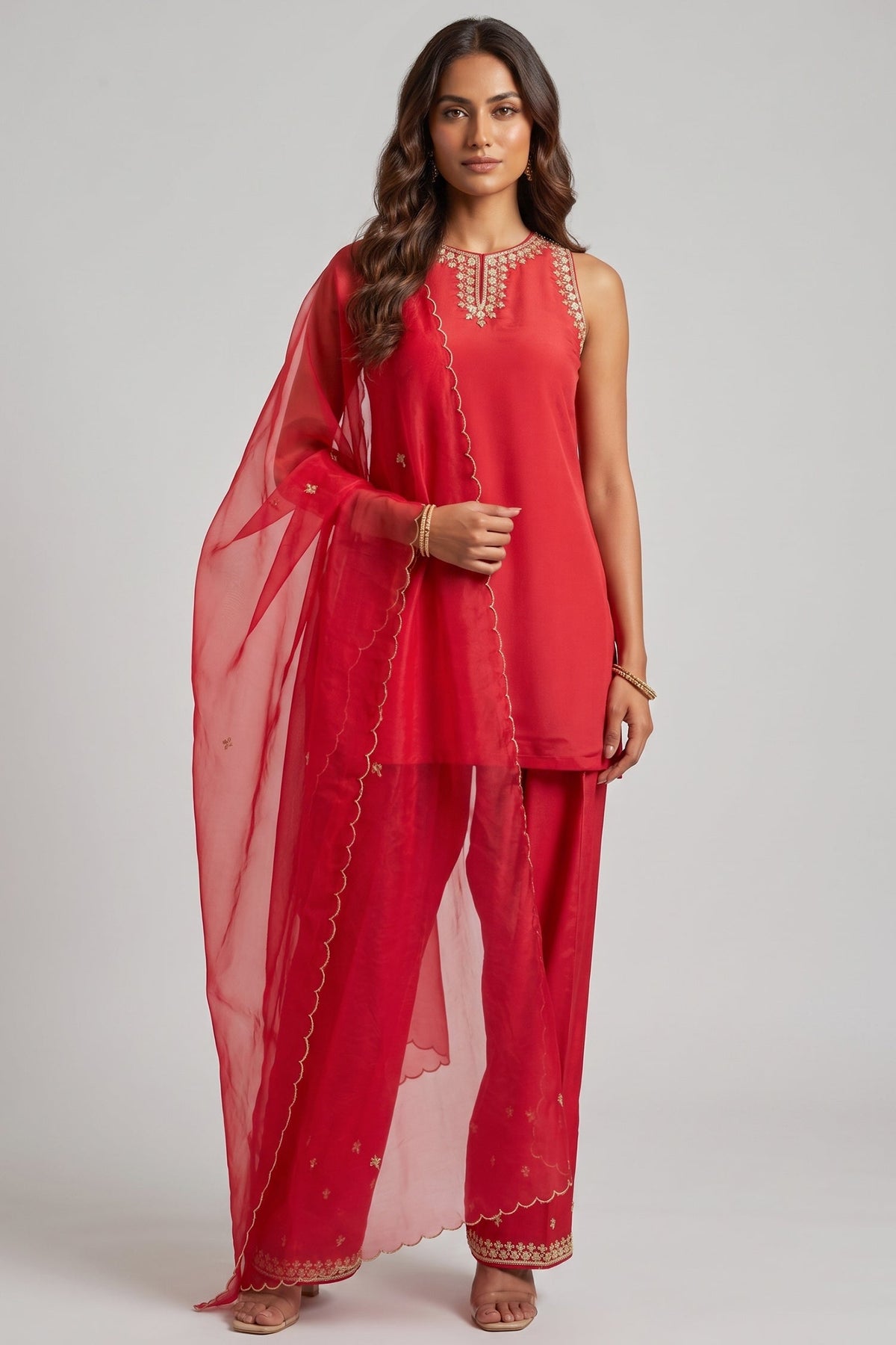 Red Crepe Embroidered Suit with Sharara & Scalloped Dupatta