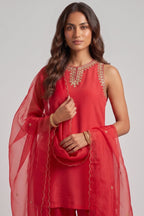 Red Crepe Embroidered Suit with Sharara & Scalloped Dupatta