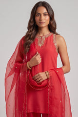 Red Crepe Embroidered Suit with Sharara & Scalloped Dupatta