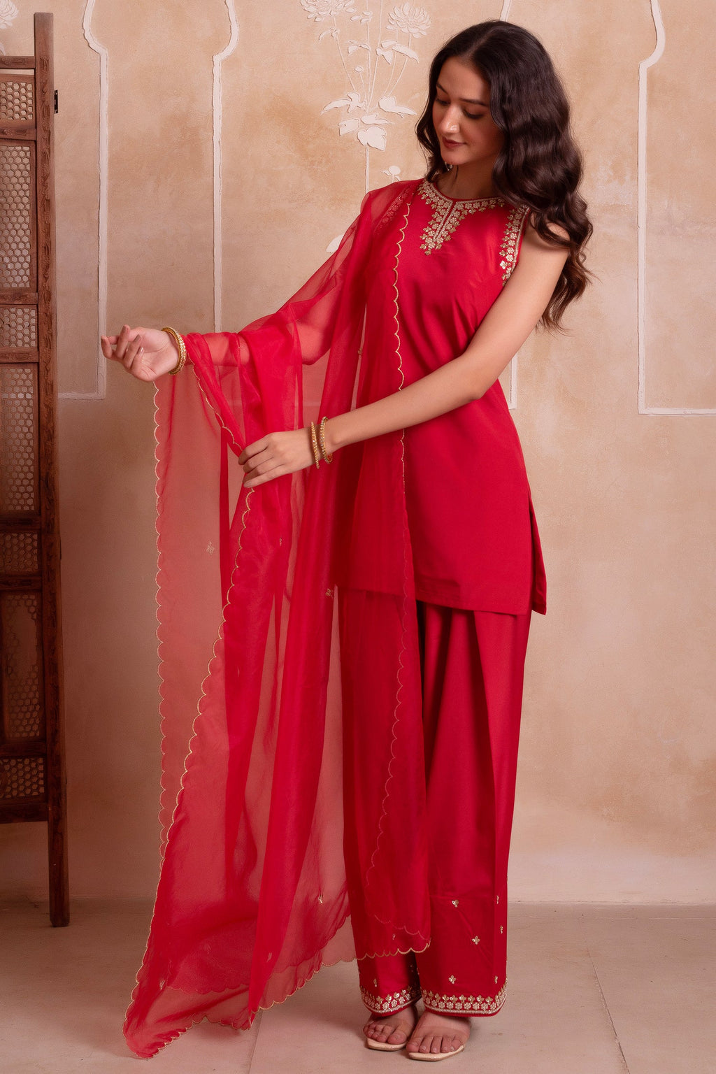 Red Crepe Embroidered Suit with Sharara & Scalloped Dupatta