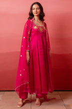 Magenta Pink Organza Embroidered Anarkali Suit