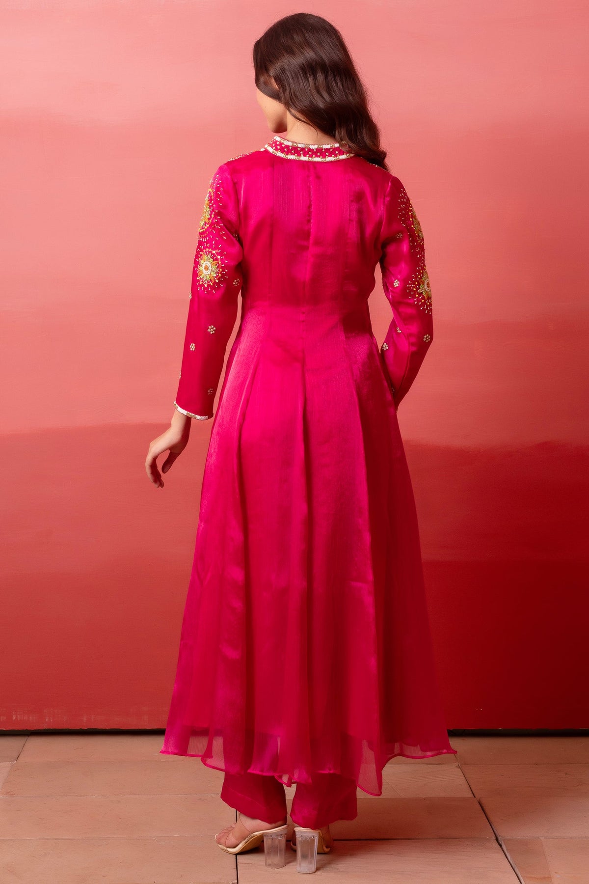 Magenta Pink Organza Embroidered Anarkali Suit
