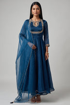 Peacock Blue Organza Keyhole Anarkali Suit