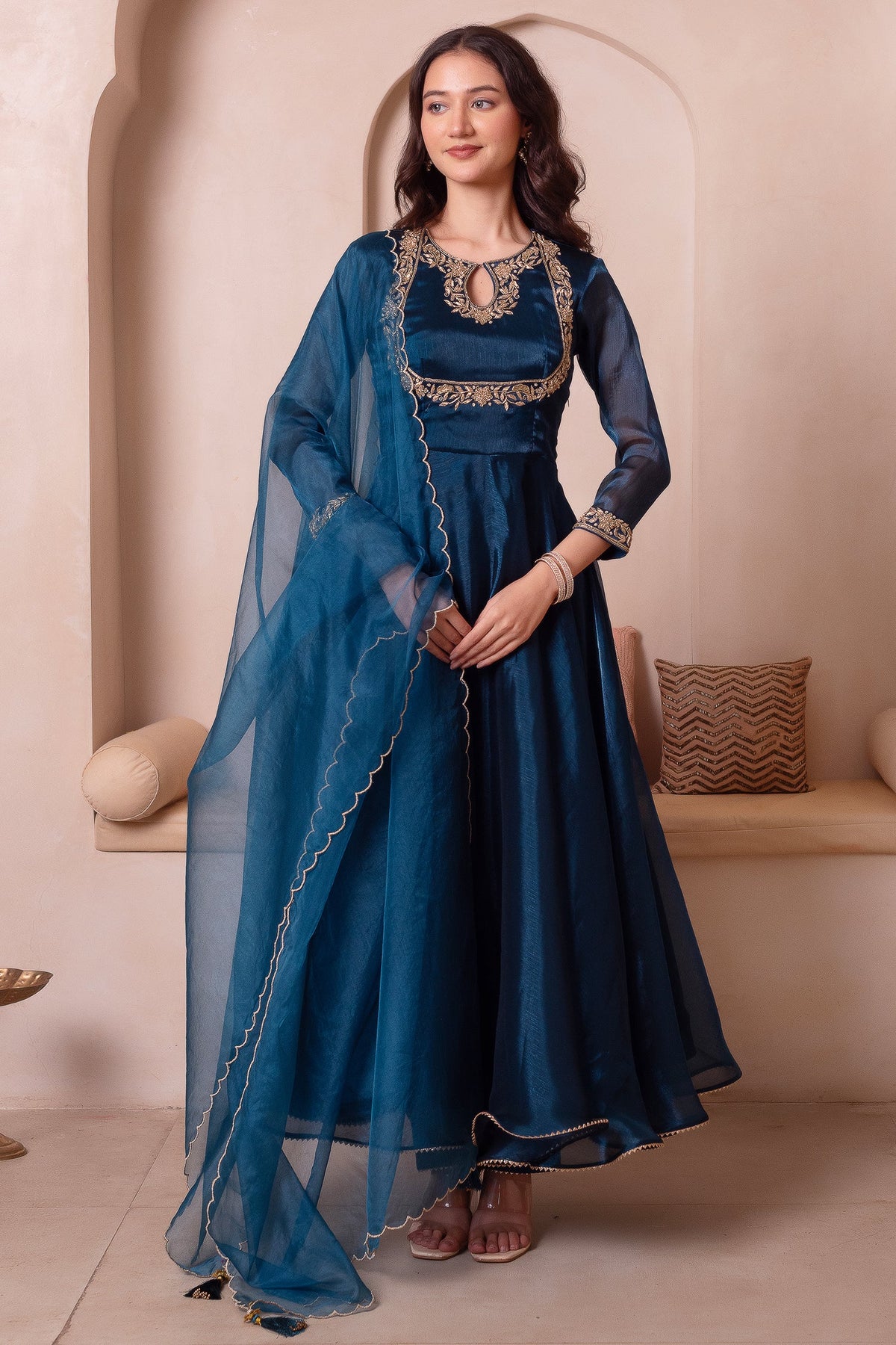 Peacock Blue Organza Keyhole Anarkali Suit