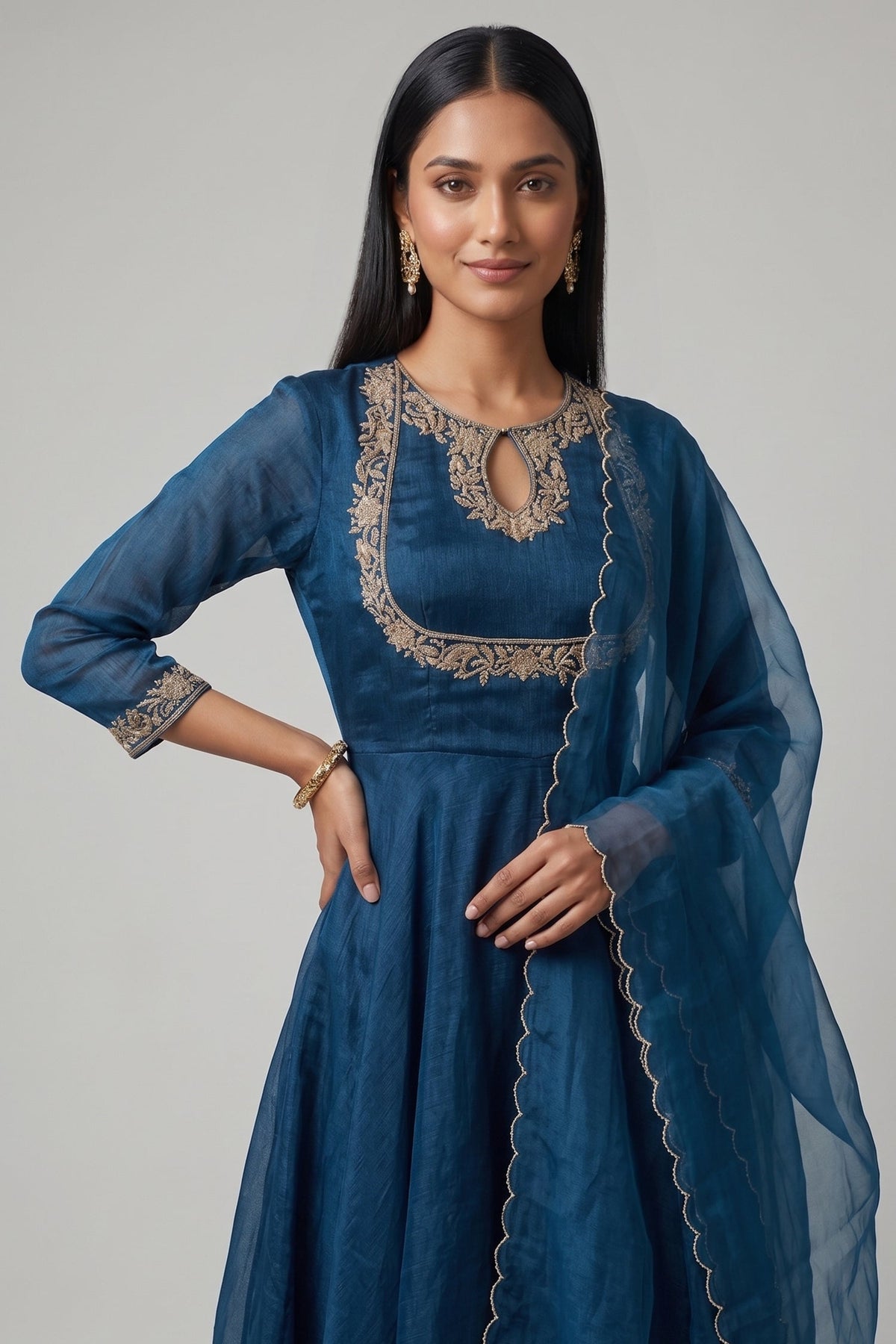 Peacock Blue Organza Keyhole Anarkali Suit