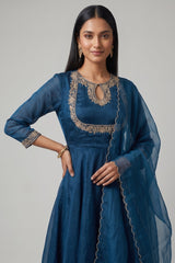 Peacock Blue Organza Keyhole Anarkali Suit