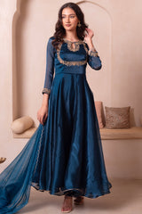 Peacock Blue Organza Keyhole Anarkali Suit