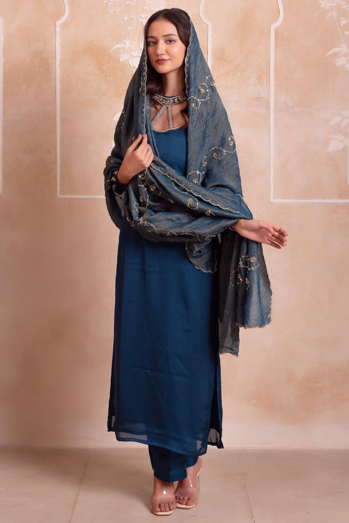 Deep Teal Cutout Neck Straight Cut Suit
