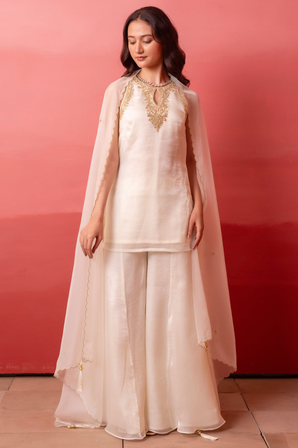 Ivory Silk Organza Embroidered Sharara Suit