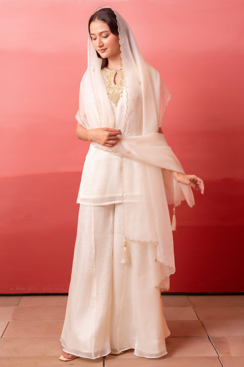 Ivory Silk Organza Embroidered Sharara Suit