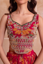 Pink Floral Chiffon Draped Suit with Embroidered Top