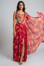 Pink Floral Chiffon Draped Suit with Embroidered Top
