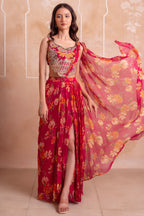 Pink Floral Chiffon Draped Suit with Embroidered Top