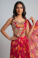 Pink Floral Chiffon Draped Suit with Embroidered Top