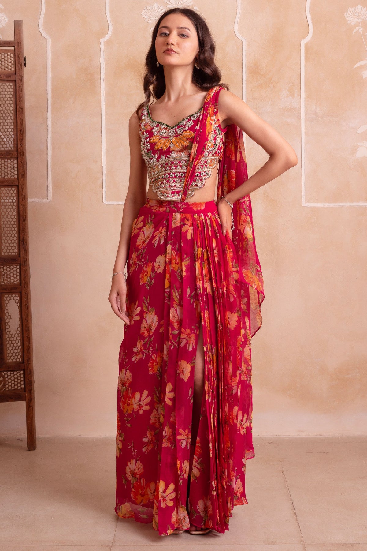 Pink Floral Chiffon Draped Suit with Embroidered Top