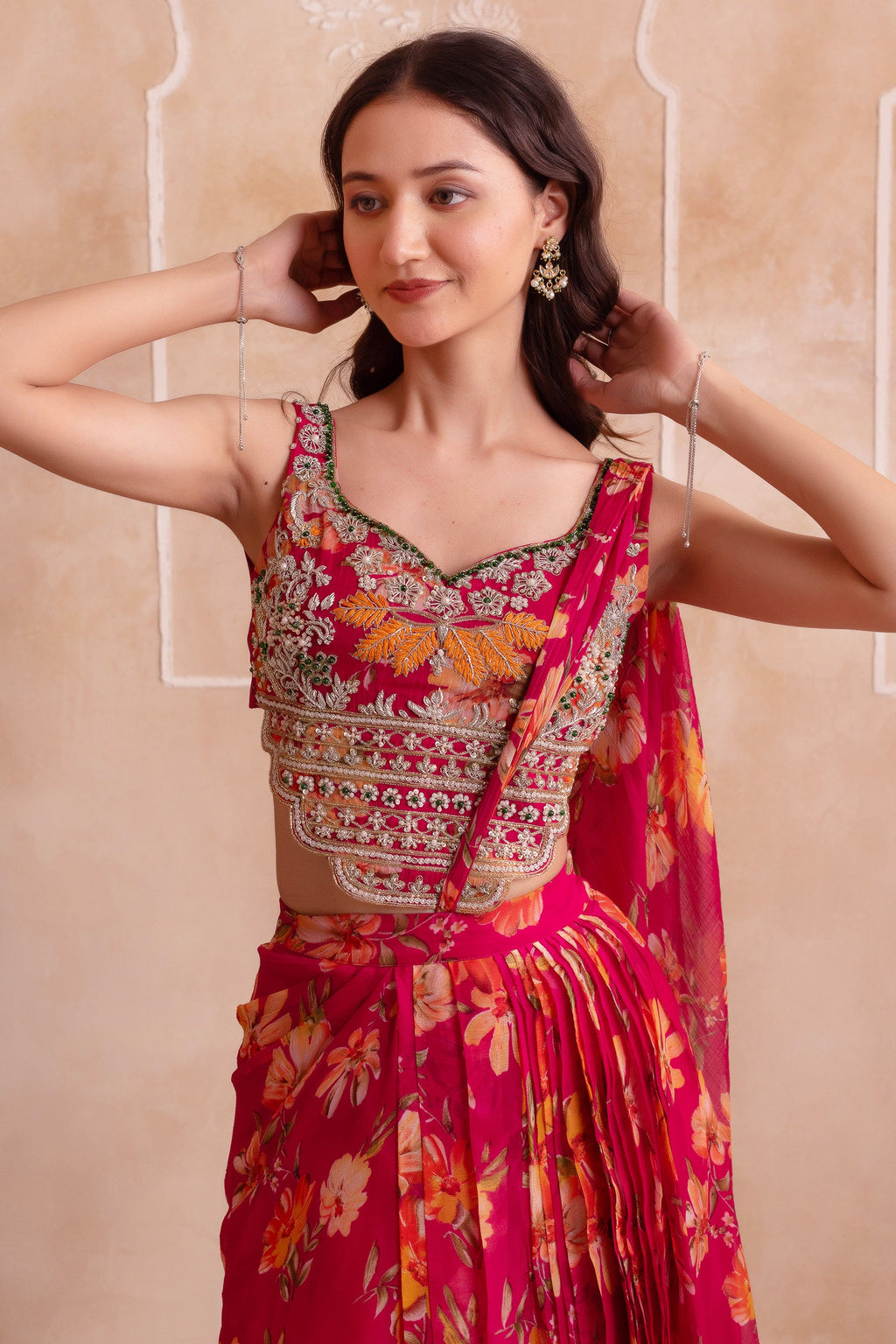 Pink Floral Chiffon Draped Suit with Embroidered Top