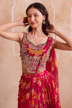 Pink Floral Chiffon Draped Suit with Embroidered Top