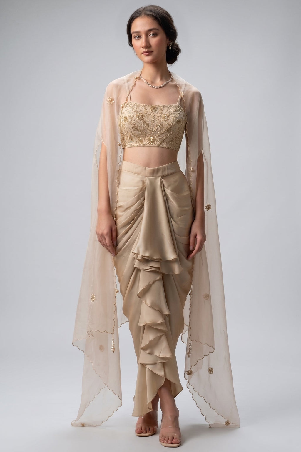Beige Organza Embroidered Crop Top & Draped Dhoti Set with Cape