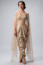 Beige Organza Embroidered Crop Top & Draped Dhoti Set with Cape