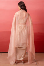 Beige Organza Embroidered Crop Top & Draped Dhoti Set with Cape