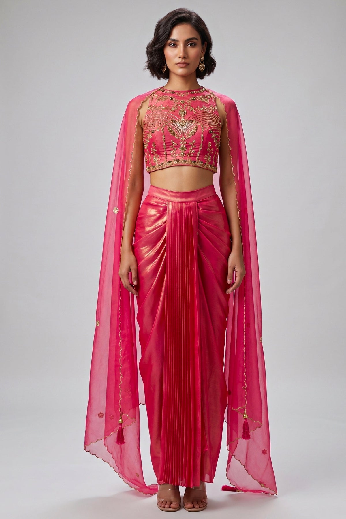 Fuchsia Pink Crepe Draped Set with Embroidered Crop Top & Cape