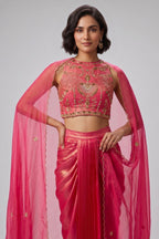 Fuchsia Pink Crepe Draped Set with Embroidered Crop Top & Cape