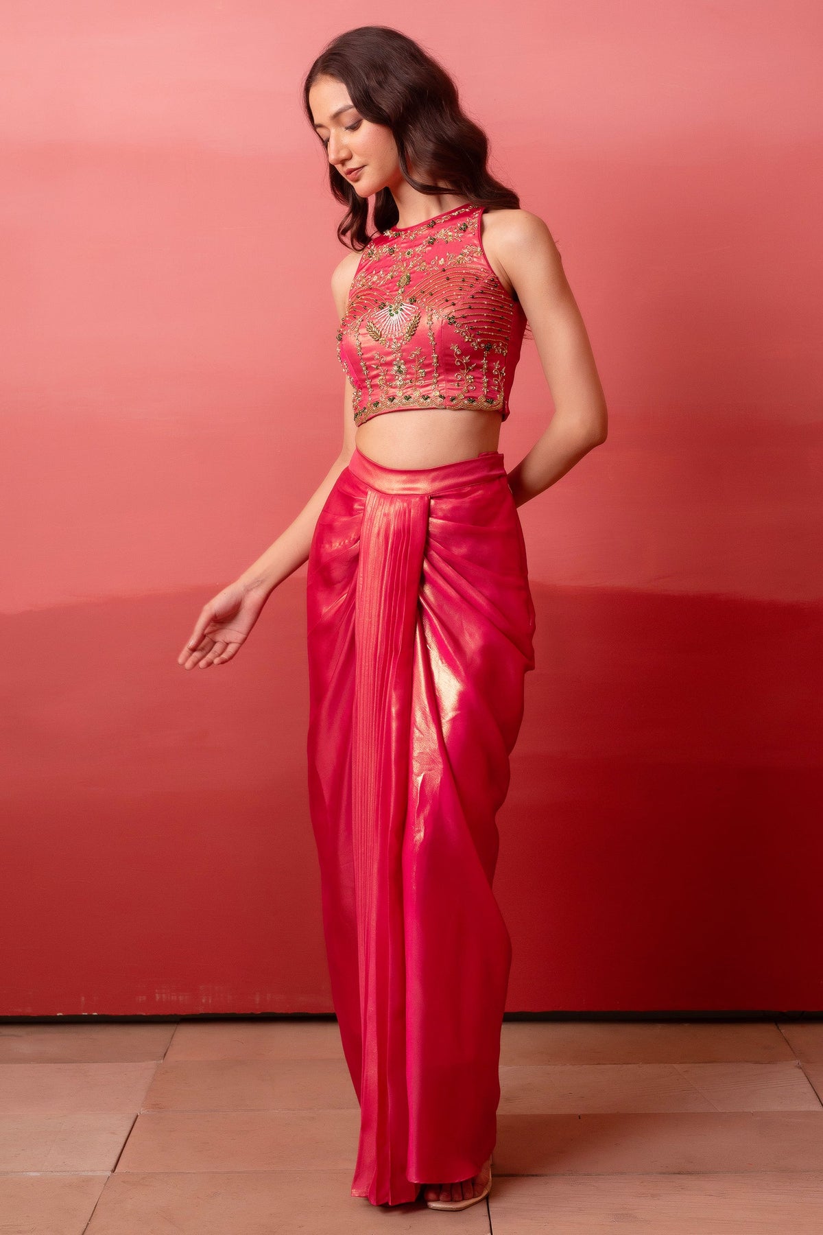 Fuchsia Pink Crepe Draped Set with Embroidered Crop Top & Cape