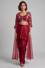 Wine Maroon Satin Draped Dhoti Set with Zari Crop Top & Embroidered Cape
