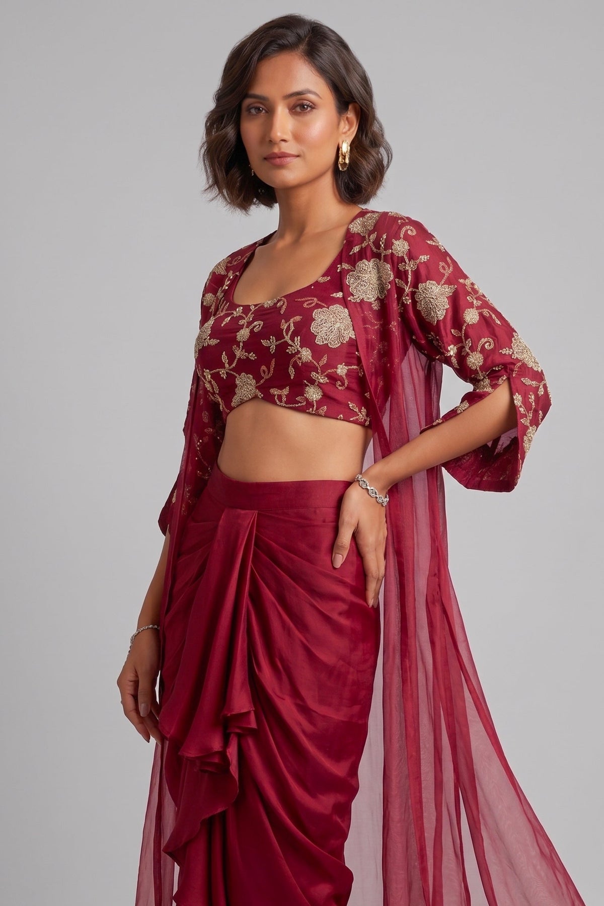 Wine Maroon Satin Draped Dhoti Set with Zari Crop Top & Embroidered Cape