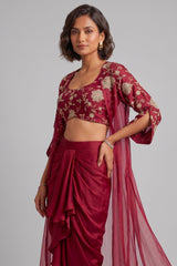 Wine Maroon Satin Draped Dhoti Set with Zari Crop Top & Embroidered Cape