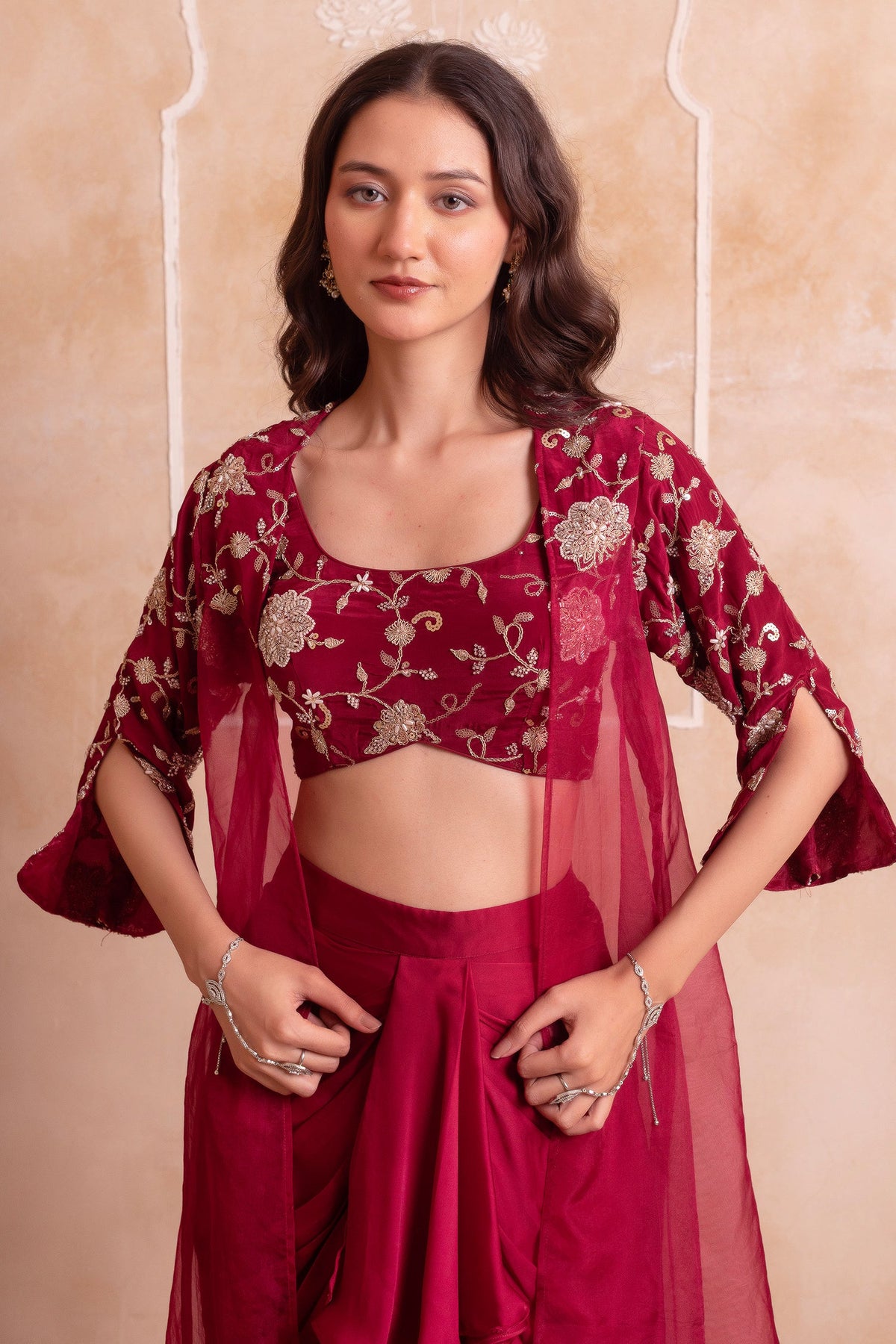 Wine Maroon Satin Draped Dhoti Set with Zari Crop Top & Embroidered Cape