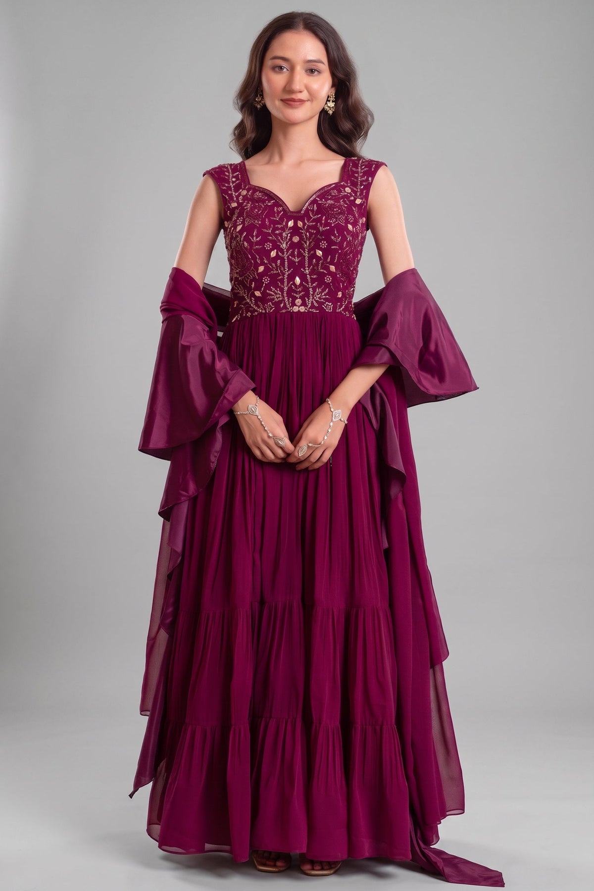 Purple Georgette Tiered Anarkali Suit with Dupatta