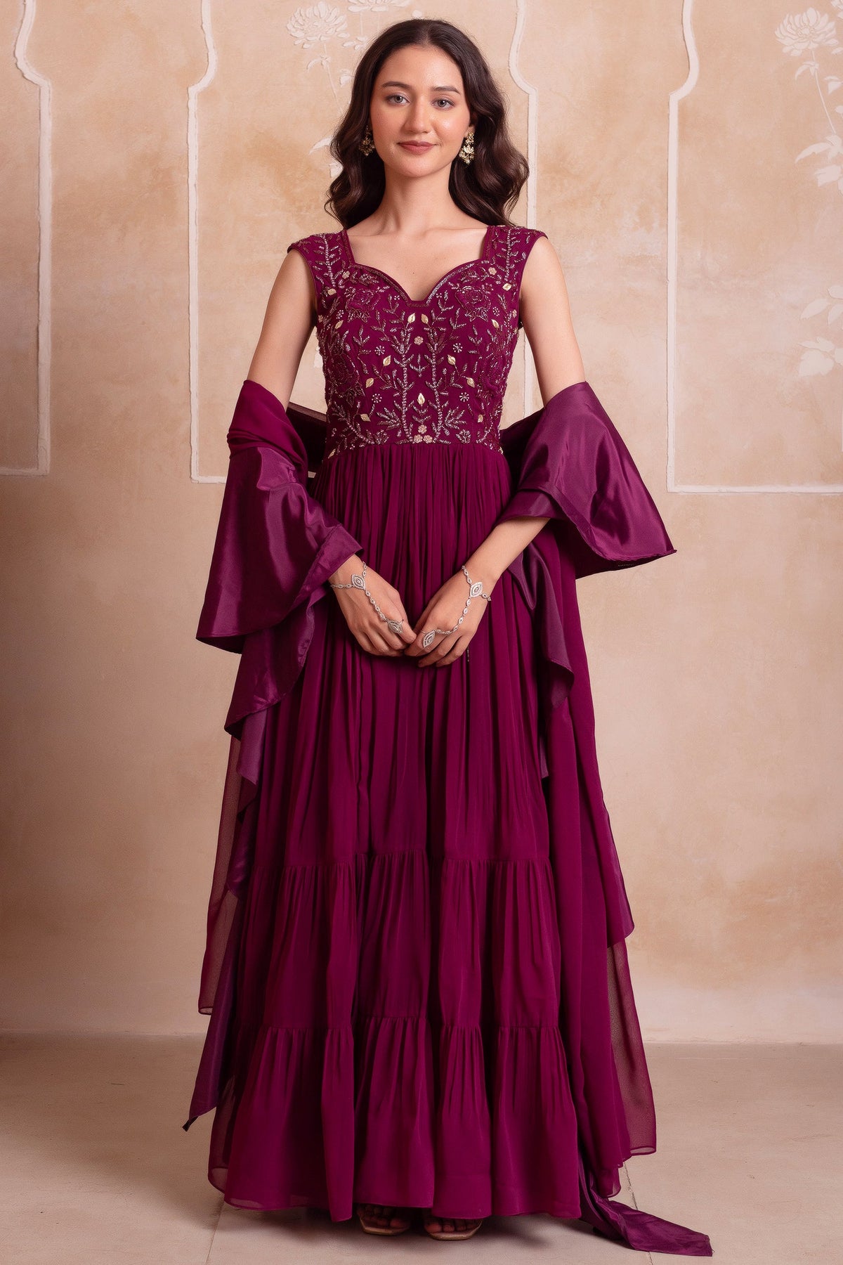 Purple Georgette Tiered Anarkali Suit with Dupatta