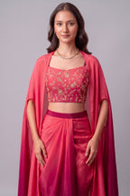 Pink and Wine Two Tone Crepe Draped Dhoti Set with Zari Crop Top & Cape