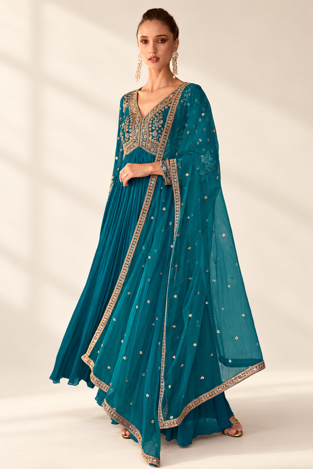 Ocean Jade Blue Flared Anarkali Suit with Embroidered Neckline Main image