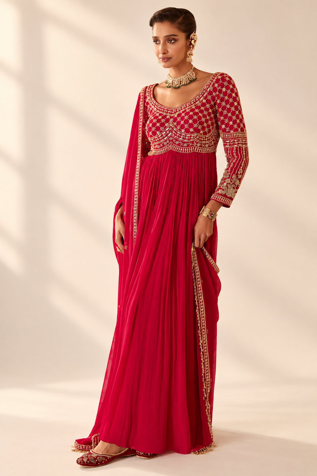 Rich Pink Floor-Length Anarkali Suit with Heavy Sequin & Cutdana Embroidery