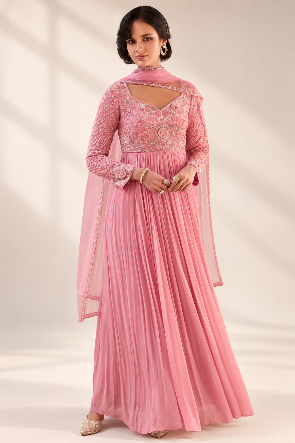 Soft Rose Pink Pleated Floor-Length Suit with Delicate Sequin Work Bodice Main image
