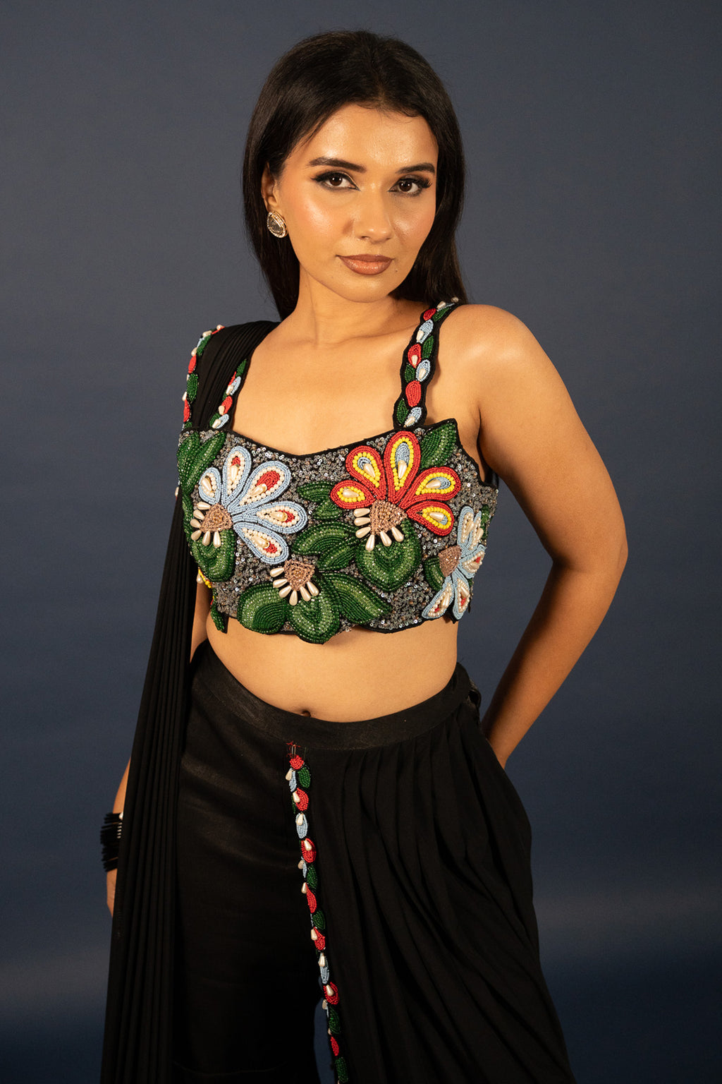 Black Lycra Net Beaded and Cutdana Worked Readymade Saree