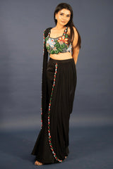 Black Lycra Net Beaded and Cutdana Worked Readymade Saree