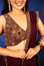Purple Georgette Crepe Pre Draped Saree with Metallic Work Blouse