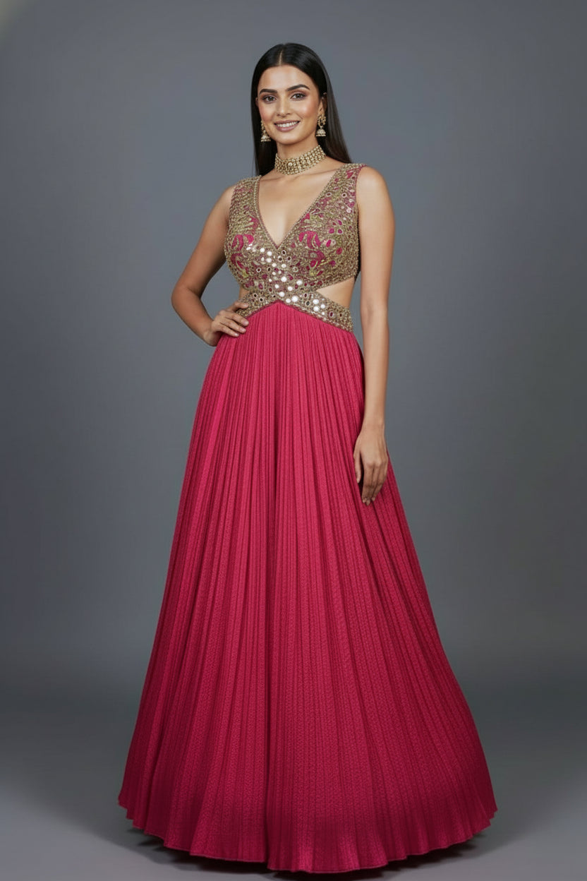 Pink Chinon Wraped Style Side Cutout Anarkali Suit with Sequin Mirror Work