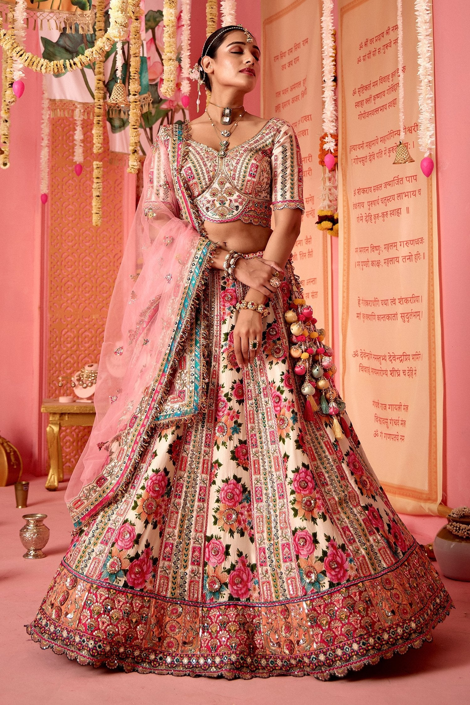 Off White Velvet Floral Printed Designer Lehenga –