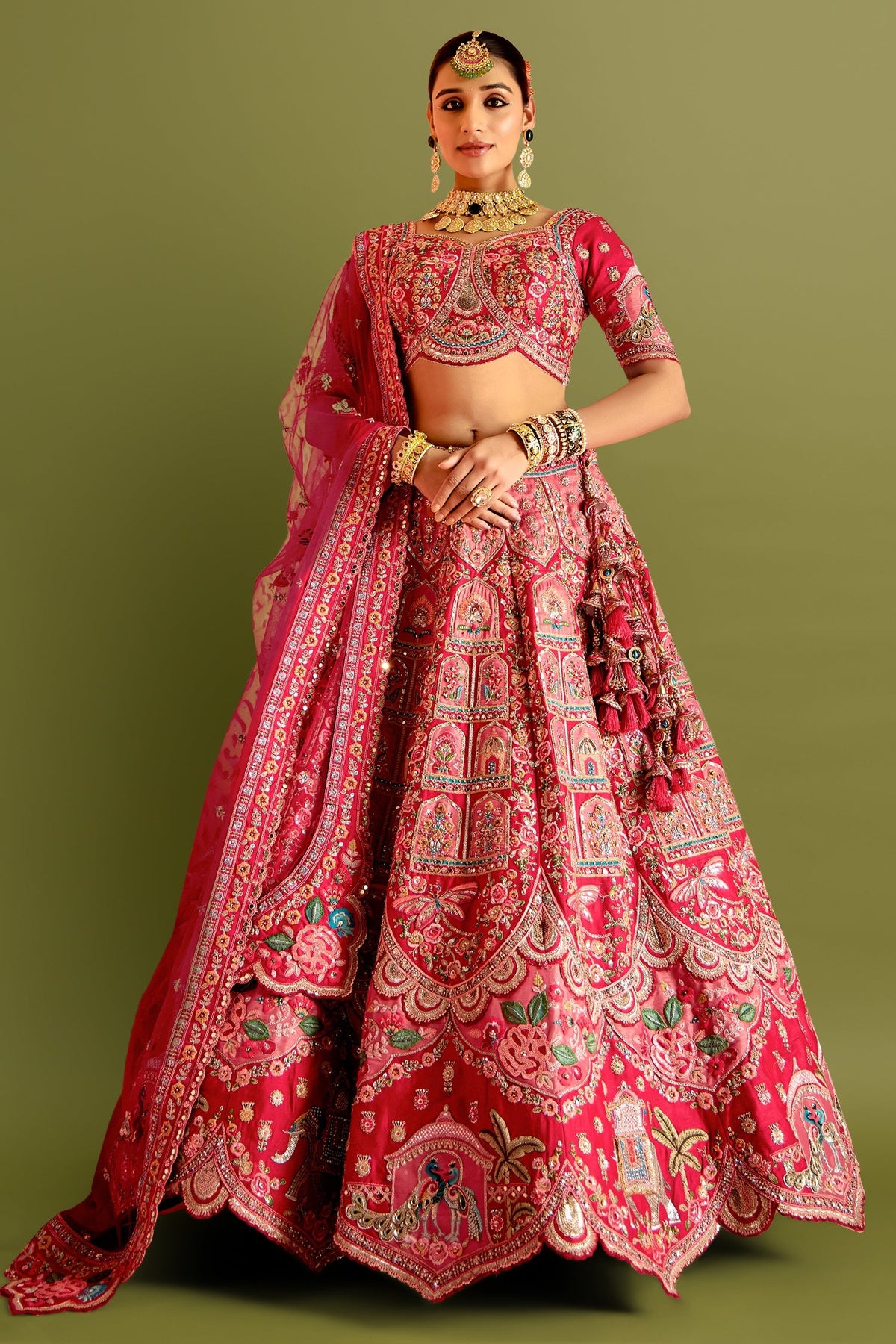 Pink and Red Velvet Tissue Patch Work Designer Bridal Lehenga with Elephant and Peacock Motif On Border